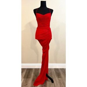 Red Backless Mesh Dress with a high slit